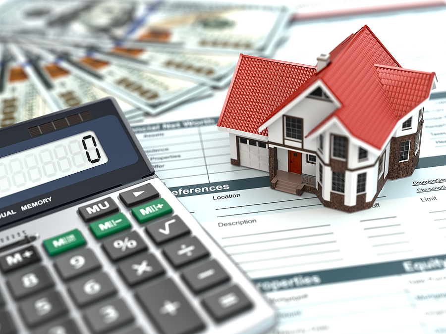 Mortgage calculator. House, noney and document. 3d